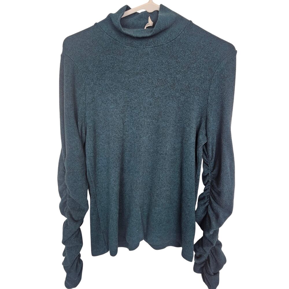 Anthropologie Womens Teal Turtleneck Sweater Size S Stretch Ruched Sleeves Boho